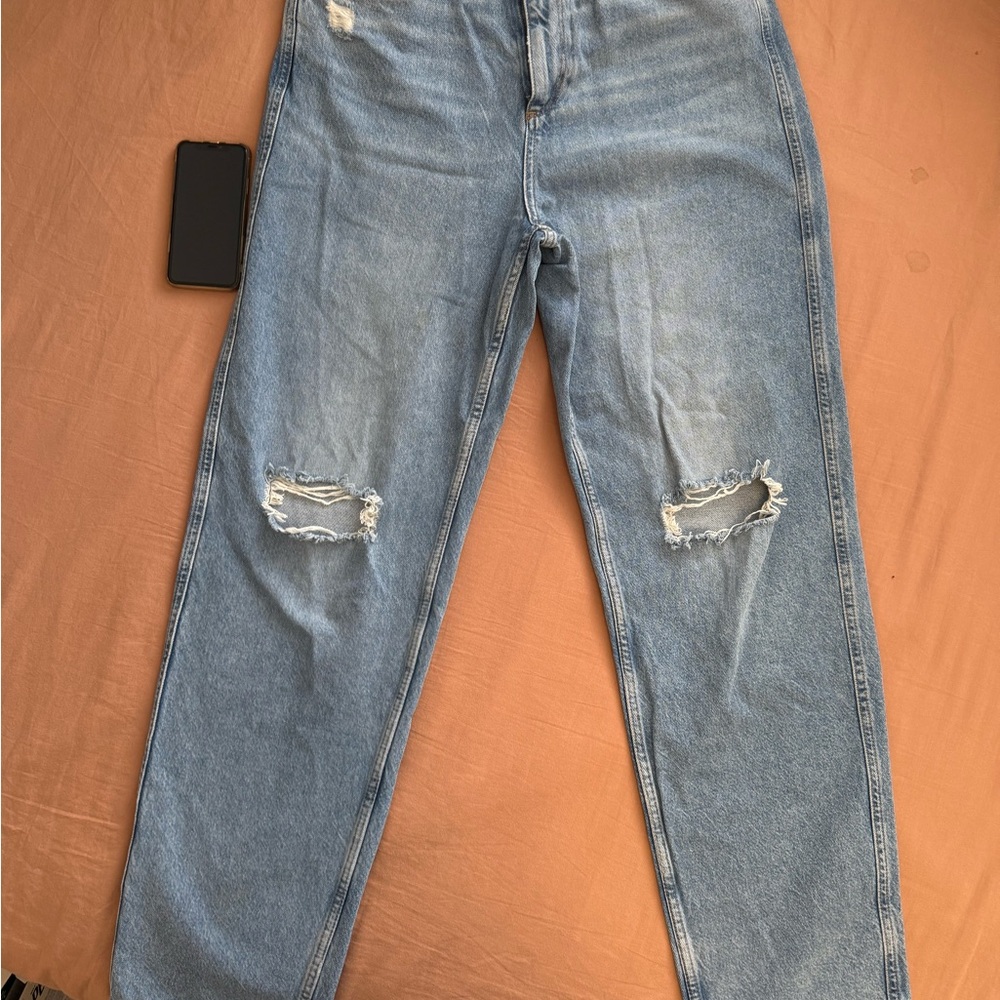 Mango Light Blue Straight Leg Ripped Jeans